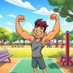 A colorful, vibrant cartoon character flexing their biceps in a calisthenics park, surrounded by workout equipment like bars and benches