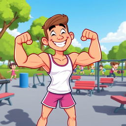A colorful, vibrant cartoon character flexing their biceps in a calisthenics park, surrounded by workout equipment like bars and benches