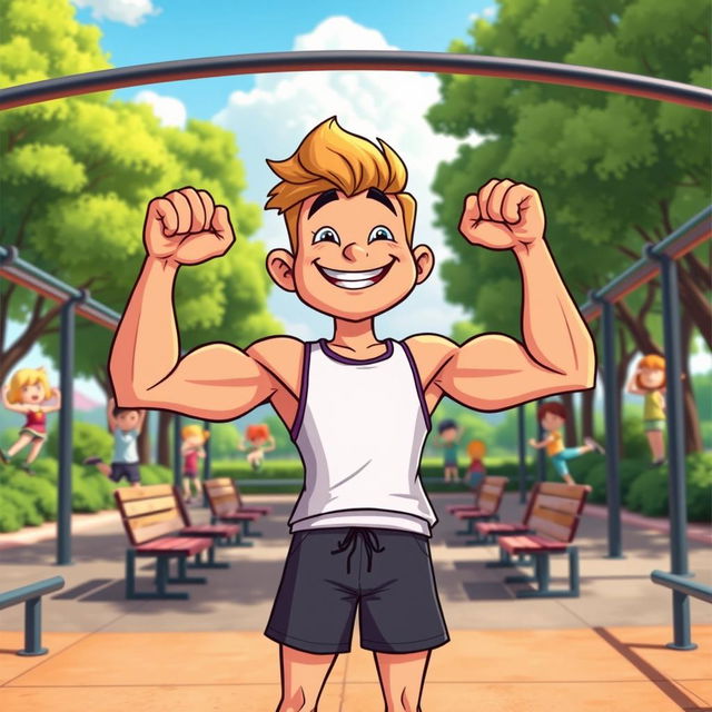 A colorful, vibrant cartoon character flexing their biceps in a calisthenics park, surrounded by workout equipment like bars and benches