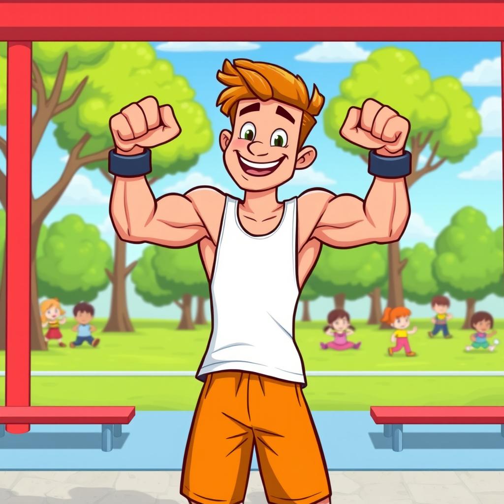 A colorful, vibrant cartoon character flexing their biceps in a calisthenics park, surrounded by workout equipment like bars and benches