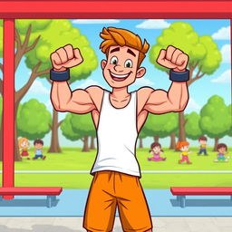 A colorful, vibrant cartoon character flexing their biceps in a calisthenics park, surrounded by workout equipment like bars and benches