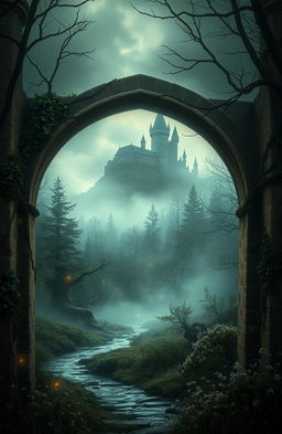 A mysterious fantasy scene titled 'The Silent Veil', depicting a medieval landscape shrouded in mist and enchantment