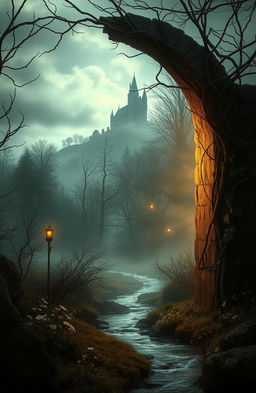 A mysterious fantasy scene titled 'The Silent Veil', depicting a medieval landscape shrouded in mist and enchantment