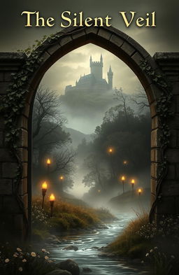 A mysterious fantasy scene titled 'The Silent Veil', depicting a medieval landscape shrouded in mist and enchantment