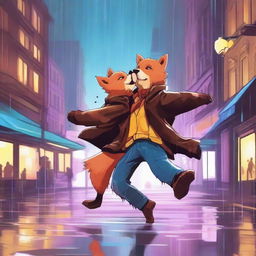 A high-quality digital art image vividly portrays a bear and a fox dancing in the rain