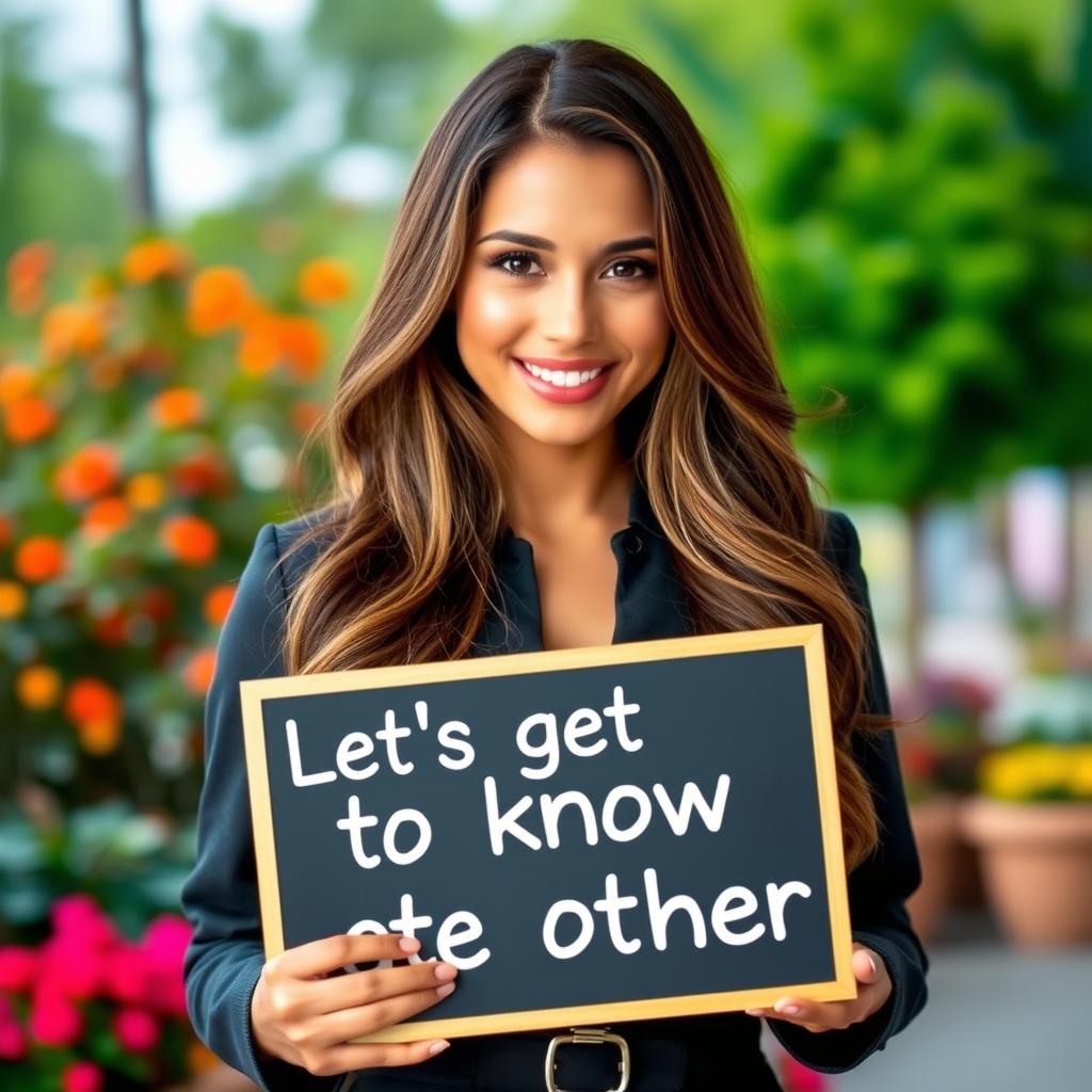 A stunning 30-year-old woman with long, flowing hair stands confidently holding a sign that says: "Let's get to know each other!" She is dressed in a stylish and fashionable outfit that showcases her allure and charm, along with a bright and approachable smile