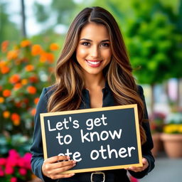 A stunning 30-year-old woman with long, flowing hair stands confidently holding a sign that says: "Let's get to know each other!" She is dressed in a stylish and fashionable outfit that showcases her allure and charm, along with a bright and approachable smile