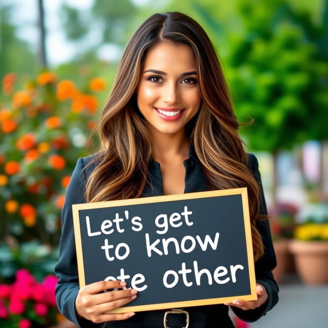 A stunning 30-year-old woman with long, flowing hair stands confidently holding a sign that says: "Let's get to know each other!" She is dressed in a stylish and fashionable outfit that showcases her allure and charm, along with a bright and approachable smile