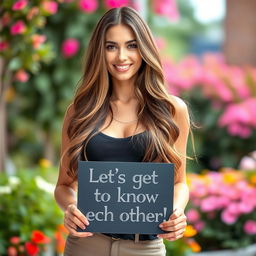 A stunning 30-year-old woman with long, flowing hair stands confidently holding a sign that says: "Let's get to know each other!" She is dressed in a stylish and fashionable outfit that showcases her allure and charm, along with a bright and approachable smile