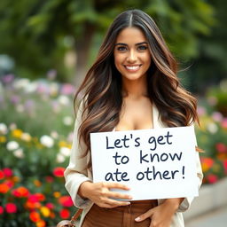 A stunning 30-year-old woman with long, flowing hair stands confidently holding a sign that says: "Let's get to know each other!" She is dressed in a stylish and fashionable outfit that showcases her allure and charm, along with a bright and approachable smile