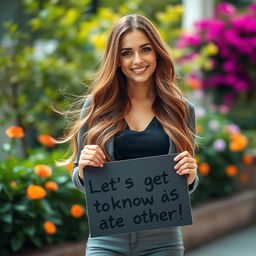 A stunning 30-year-old woman with long, flowing hair stands confidently holding a sign that says: "Let's get to know each other!" She is dressed in a stylish and fashionable outfit that showcases her allure and charm, along with a bright and approachable smile