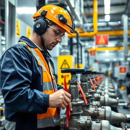 A skilled technician in a high-tech chemical company, focused on locking out and tagging out (LOTO) valves