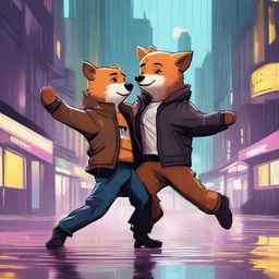 A high-quality digital art image vividly portrays a bear and a fox dancing in the rain