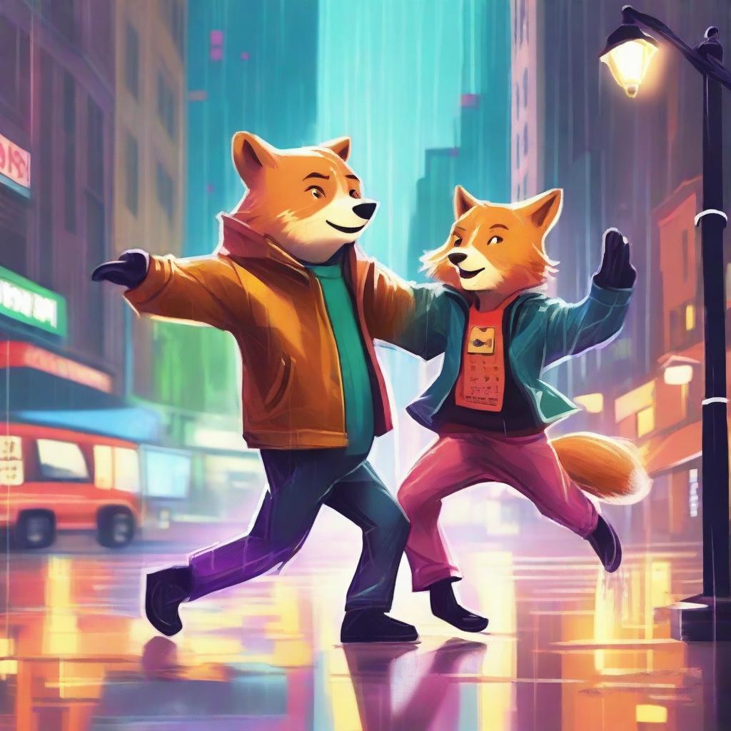 A high-quality digital art image vividly portrays a bear and a fox dancing in the rain