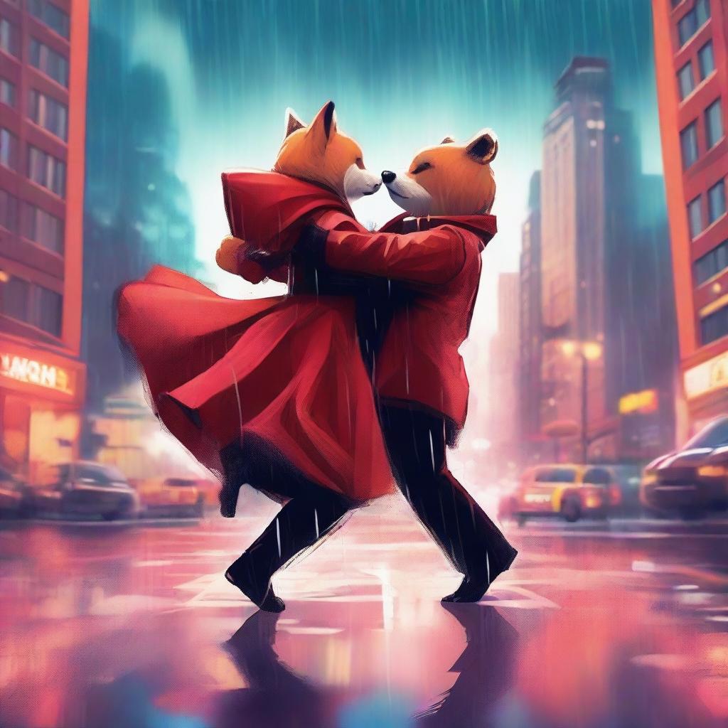 In this high-quality digital art image, a rebellious bear and a fox in a vibrant red dress are seen dancing in the rain