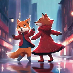 In this high-quality digital art image, a rebellious bear and a fox in a vibrant red dress are seen dancing in the rain