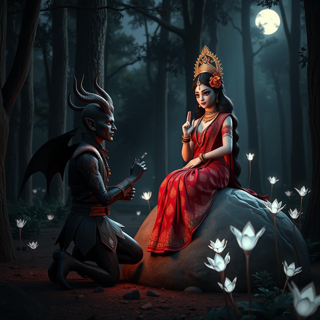 A mesmerizing 3D image of a horror-themed devil character kneeling in a dimly lit forest, proposing to a breathtakingly beautiful Indian goddess who is seated gracefully on a large rock