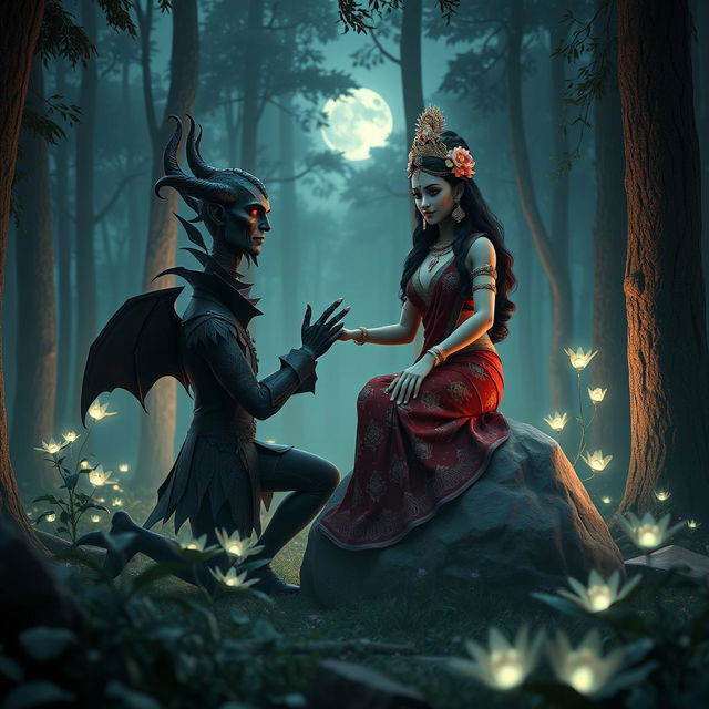 A mesmerizing 3D image of a horror-themed devil character kneeling in a dimly lit forest, proposing to a breathtakingly beautiful Indian goddess who is seated gracefully on a large rock