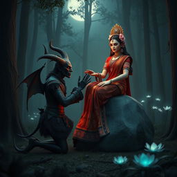 A mesmerizing 3D image of a horror-themed devil character kneeling in a dimly lit forest, proposing to a breathtakingly beautiful Indian goddess who is seated gracefully on a large rock