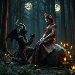 A mesmerizing 3D image of a horror-themed devil character kneeling in a dimly lit forest, proposing to a breathtakingly beautiful Indian goddess who is seated gracefully on a large rock