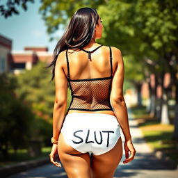 An Indian woman, confidently walking towards college, showcasing her curvy figure from the back