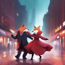 In this high-quality digital art image, a rebellious bear and a fox in a vibrant red dress are seen dancing in the rain