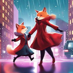 In this high-quality digital art image, a rebellious bear and a fox in a vibrant red dress are seen dancing in the rain