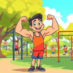 A colorful cartoon character striking a strong pose while flexing their biceps in a calisthenics park