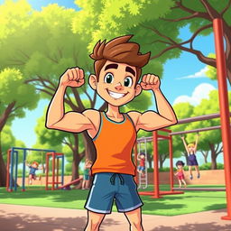 A colorful cartoon character striking a strong pose while flexing their biceps in a calisthenics park