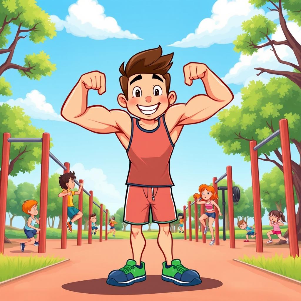 A colorful cartoon character striking a strong pose while flexing their biceps in a calisthenics park