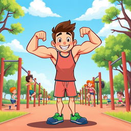 A colorful cartoon character striking a strong pose while flexing their biceps in a calisthenics park