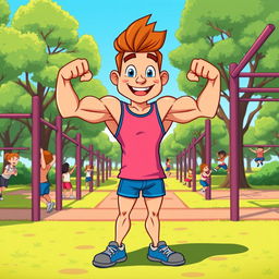 A colorful cartoon character striking a strong pose while flexing their biceps in a calisthenics park