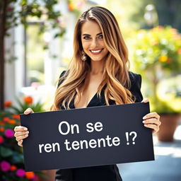 A stunning 30-year-old woman with long, flowing hair stands confidently holding a sign that reads: "On se rencontre !?" She is dressed in a stylish and elegant outfit, radiating charm and confidence with a welcoming smile