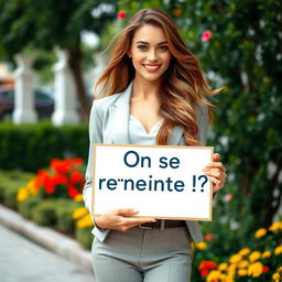 A stunning 30-year-old woman with long, flowing hair stands confidently holding a sign that reads: "On se rencontre !?" She is dressed in a stylish and elegant outfit, radiating charm and confidence with a welcoming smile