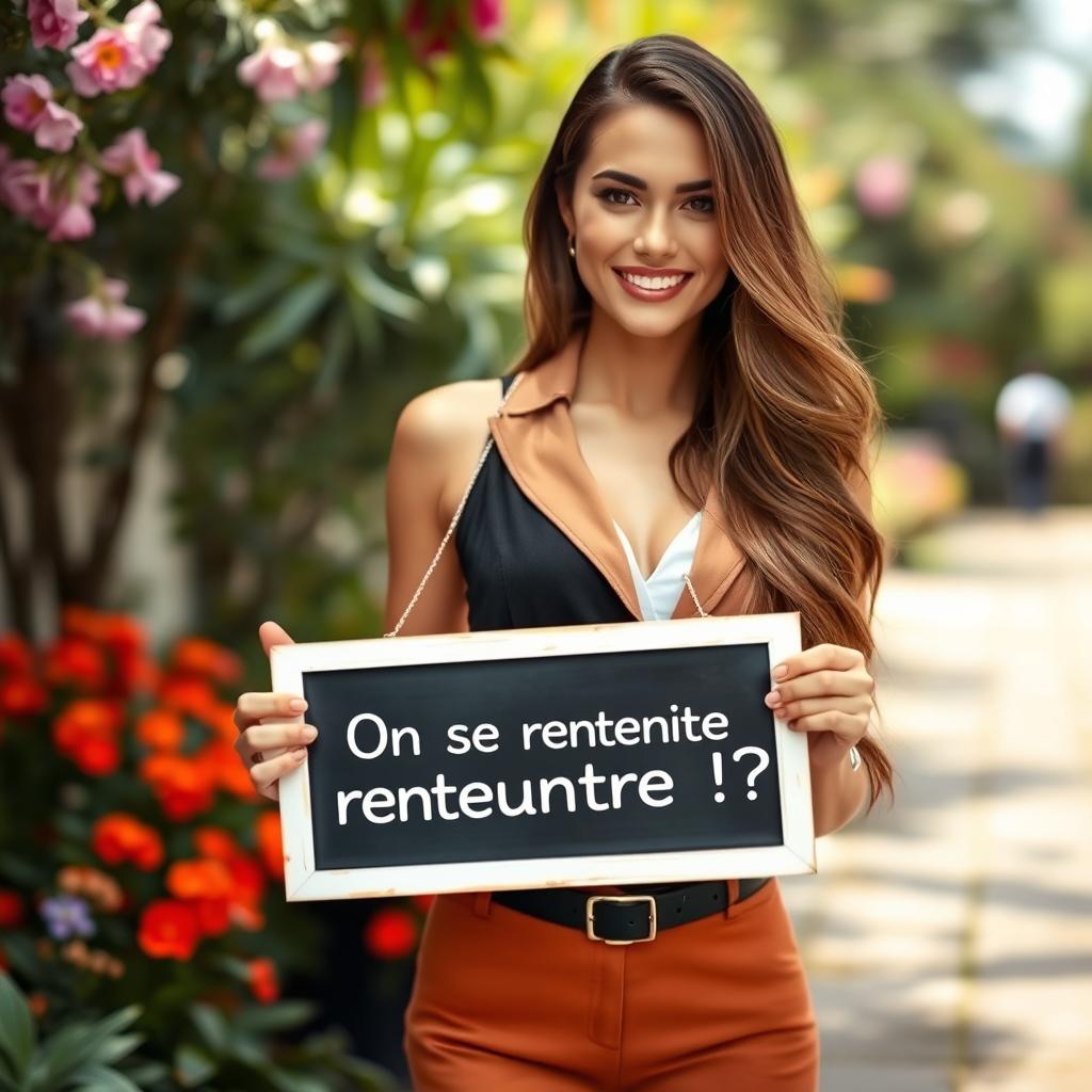 A stunning 30-year-old woman with long, flowing hair stands confidently holding a sign that reads: "On se rencontre !?" She is dressed in a stylish and elegant outfit, radiating charm and confidence with a welcoming smile