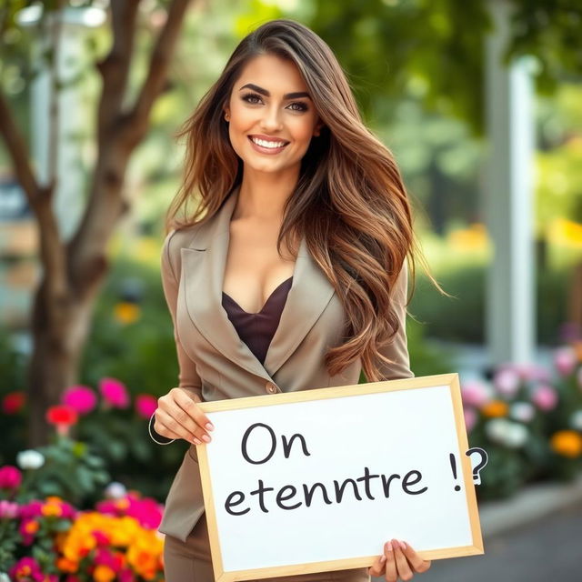 A stunning 30-year-old woman with long, flowing hair stands confidently holding a sign that reads: "On se rencontre !?" She is dressed in a stylish and elegant outfit, radiating charm and confidence with a welcoming smile