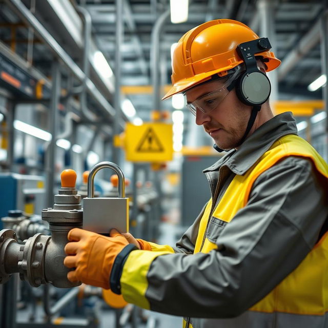 A skilled technician in a high-tech chemical company, actively locking out and tagging out (LOTO) valves