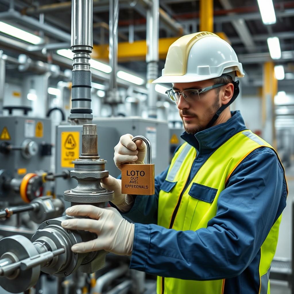 A skilled technician in a high-tech chemical company, actively locking out and tagging out (LOTO) valves