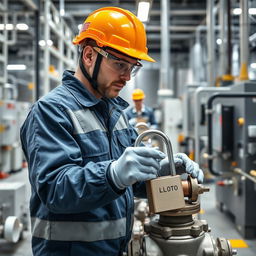 A skilled technician in a high-tech chemical company, actively locking out and tagging out (LOTO) valves