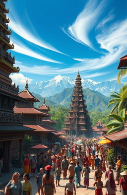 An elaborately detailed scene depicting the grandeur of Majapahit Kingdom, showcasing its majestic architecture with traditional Javanese temples, intricately carved stone structures, and lush tropical gardens