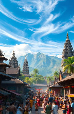 An elaborately detailed scene depicting the grandeur of Majapahit Kingdom, showcasing its majestic architecture with traditional Javanese temples, intricately carved stone structures, and lush tropical gardens