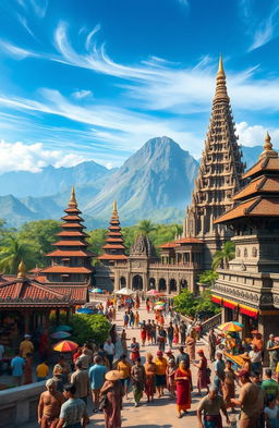 An elaborately detailed scene depicting the grandeur of Majapahit Kingdom, showcasing its majestic architecture with traditional Javanese temples, intricately carved stone structures, and lush tropical gardens