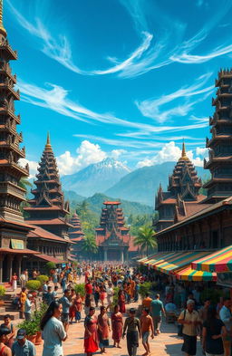 An elaborately detailed scene depicting the grandeur of Majapahit Kingdom, showcasing its majestic architecture with traditional Javanese temples, intricately carved stone structures, and lush tropical gardens