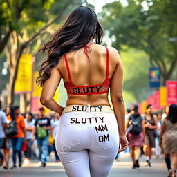An Indian woman confidently walking through a bustling college campus filled with students, showcasing her curvy figure from the back