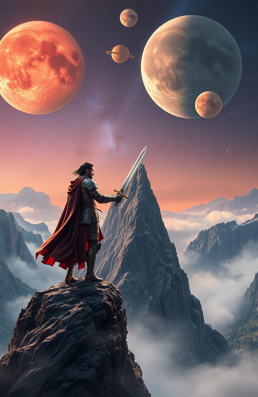 A dramatic scene featuring a skilled swordsman standing confidently on a towering mountain peak