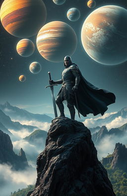 A dramatic scene featuring a skilled swordsman standing confidently on a towering mountain peak
