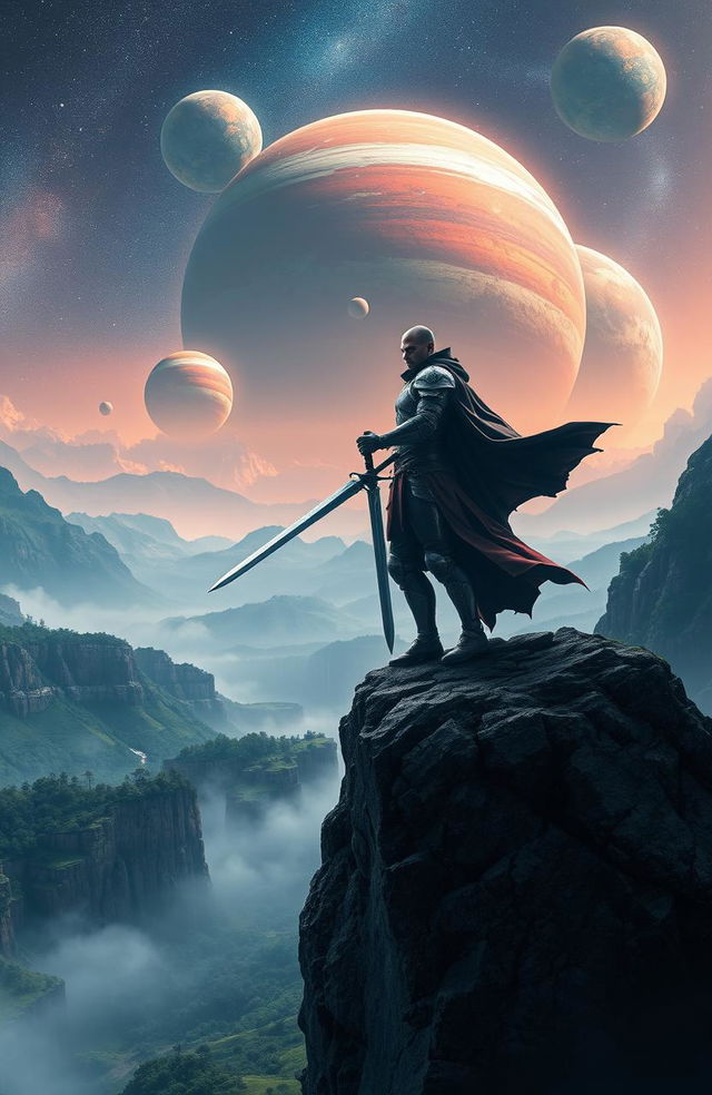 A dramatic scene featuring a skilled swordsman standing confidently on a towering mountain peak