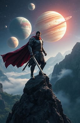 A dramatic scene featuring a skilled swordsman standing confidently on a towering mountain peak