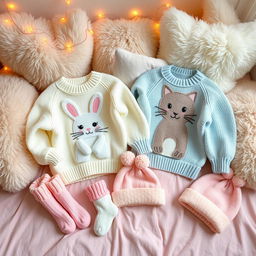 A collection of cute and adorable matching items, including two cozy knitted sweaters with pastel colors, featuring playful animal designs like a bunny and a cat