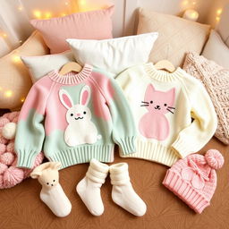 A collection of cute and adorable matching items, including two cozy knitted sweaters with pastel colors, featuring playful animal designs like a bunny and a cat